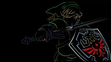 HD desktop wallpaper featuring Link from The Legend of Zelda: Skyward Sword, with vibrant outlines highlighting his sword and shield in a dark background.