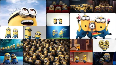 A vibrant HD desktop wallpaper featuring a collage of scenes and characters from the movie Despicable Me, showcasing the iconic Minions in various playful and adventurous settings.