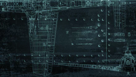 HD PC desktop wallpaper background for the video game War Thunder: teal wireframe blueprint of a military aircraft wing and fuselage over a dark textured backdrop.