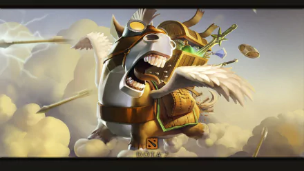 HD desktop wallpaper featuring a Courier from DotA 2, depicted as a winged horse soaring through the sky with a determined expression. The background captures the essence of the game's epic fantasy setting.