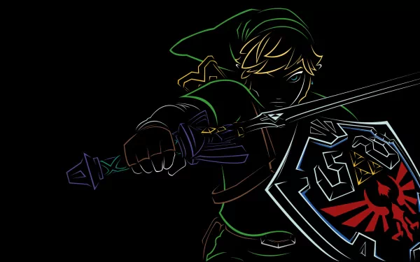 HD desktop wallpaper featuring Link from The Legend of Zelda: Skyward Sword, with vibrant outlines highlighting his sword and shield in a dark background.