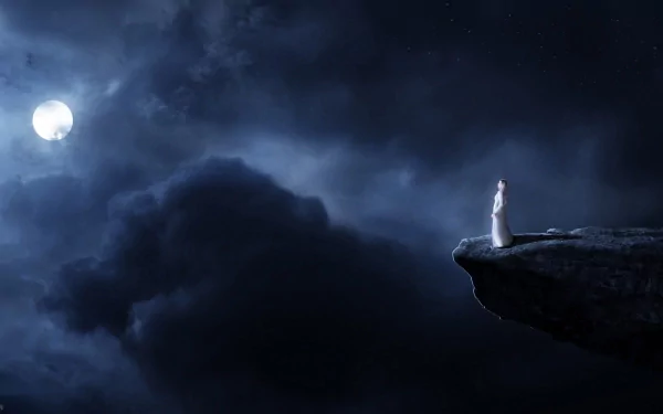 A haunting painting of a figure in white standing on a cliff under a full moon, surrounded by dramatic dark clouds, creating a captivating and atmospheric HD desktop wallpaper.