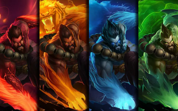 Vibrant HD wallpaper featuring Udyr from League of Legends, showcasing his elemental forms with striking colors of fire, ice, and spirit against a dynamic background.