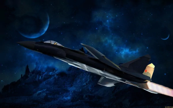 A sleek military jet fighter ascends against a dramatic cosmic backdrop, with vivid colors and a sense of motion, creating a striking HD desktop wallpaper.