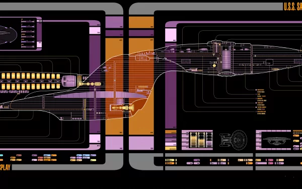4K Ultra HD Star Trek sci-fi wallpaper displaying a detailed schematic of the U.S.S. starship with technical data and colorful interface elements on a dark background.