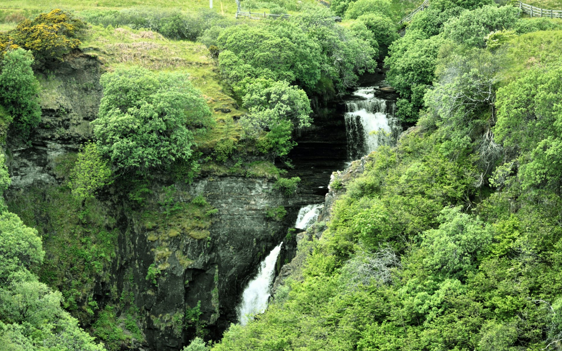 HD PC desktop wallpaper featuring a lush green forest with a cascading waterfall flowing through a rocky gorge in a serene natural setting.