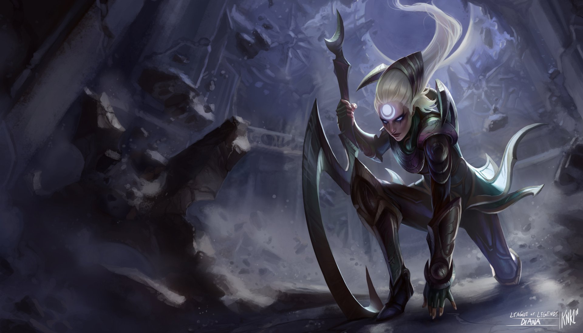 Diana from League of Legends crouches in a dynamic pose, wielding her crescent blade amid a dark, atmospheric background. This HD wallpaper captures her fierce presence in the game.