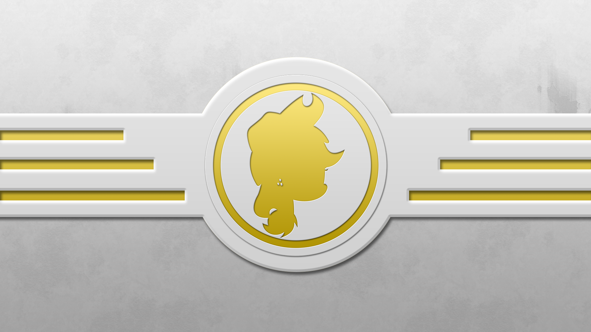 HD PC wallpaper — vector art from the TV show My Little Pony: Friendship Is Magic showing a yellow Applejack silhouette in a circular emblem with gold stripes on a gray background.