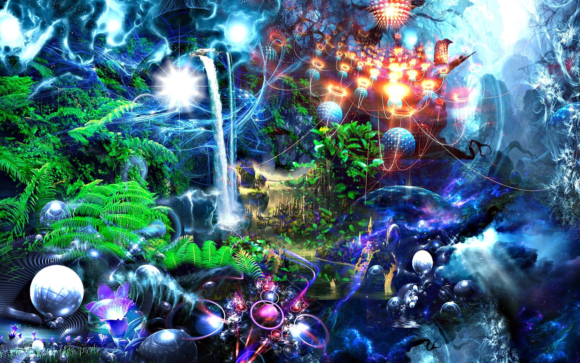 A vibrant fantasy landscape featuring lush greenery, cascading waterfalls, and ethereal light displays, creating an immersive HD backdrop for PC wallpapers.