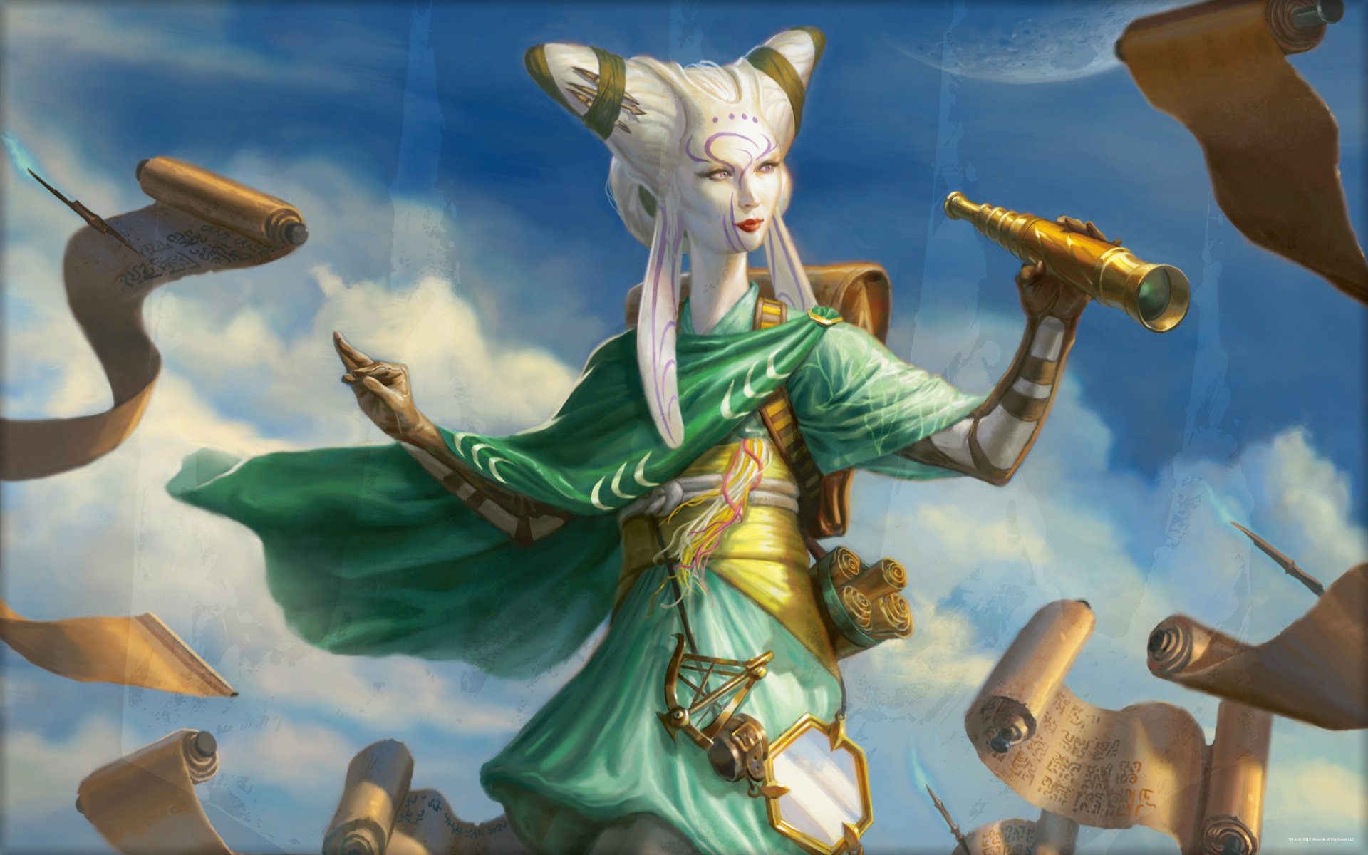 Man-made Magic: The Gathering 2K Quad HD PC desktop wallpaper showing a white-haired, horned spellcaster in green robes, holding a telescope amid floating scrolls against a bright sky.