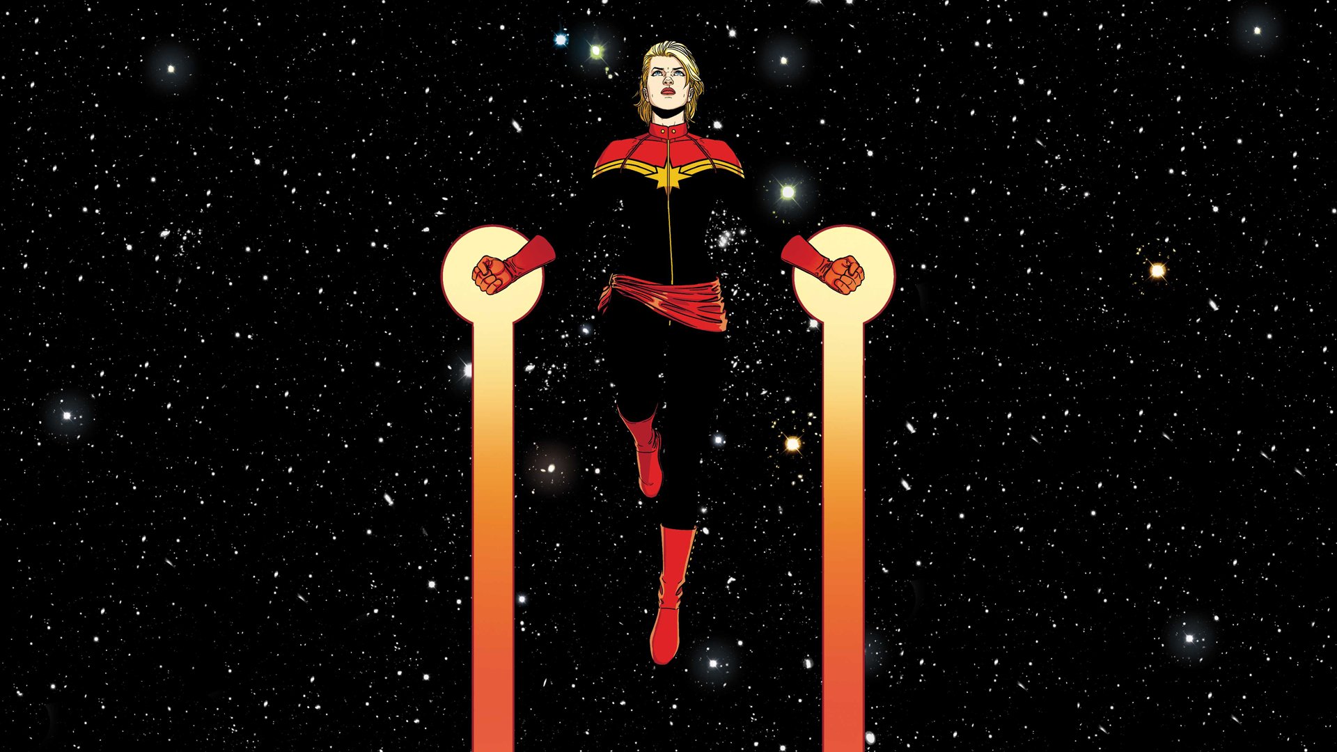 Comic-style Captain Marvel HD PC desktop wallpaper background: she hovers in a starfield wearing a red-and-black suit and scarf, orange glowing energy beams beneath her hands.
