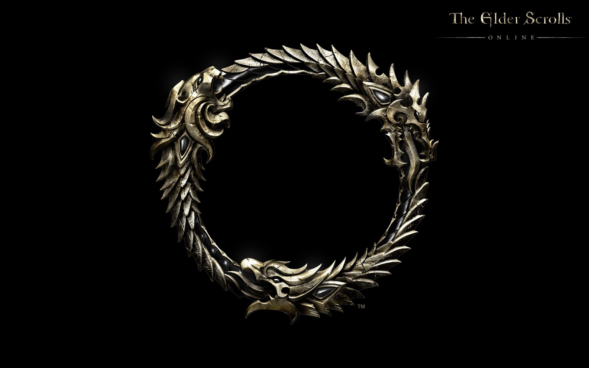 HD PC desktop wallpaper for the video game The Elder Scrolls Online: ornate metallic ouroboros ring emblem on a black background with the game's title in the corner.