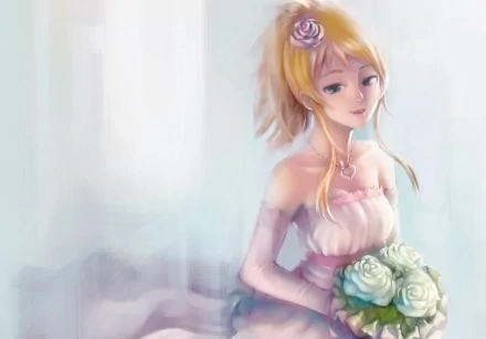 HD desktop wallpaper featuring Kirino Kousaka from Oreimo, depicted with a serene expression, holding a bouquet of roses in a soft, painted style.