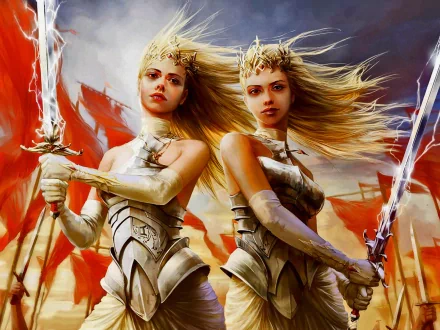 HD PC desktop wallpaper from the video game Legend Of The Cryptids featuring two armored female warriors wielding glowing swords against a fiery background.