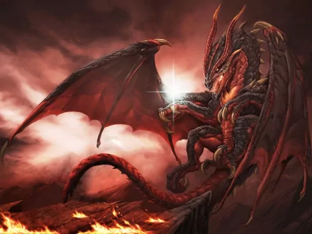 HD desktop wallpaper of a majestic red dragon with spread wings, wielding a glowing sword amidst stormy clouds.