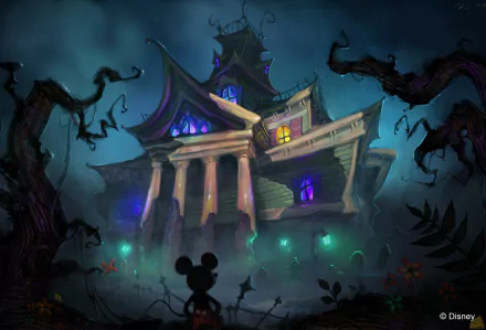 HD PC desktop wallpaper featuring a dark, eerie mansion with glowing windows and shadowy figures, inspired by the video game Epic Mickey.
