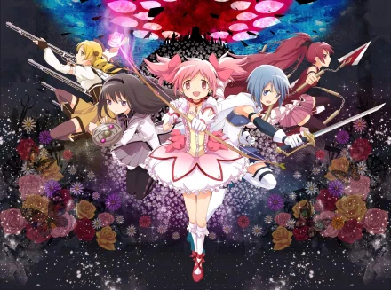 HD wallpaper featuring the magical girls Sayaka Miki, Mami Tomoe, Kyōko Sakura, Madoka Kaname, and Homura Akemi from the anime Puella Magi Madoka Magica against a vibrant, floral backdrop.