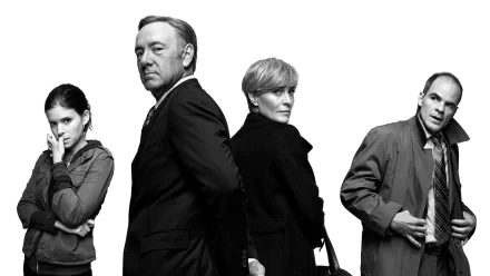 HD wallpaper of House of Cards featuring Francis and Claire Underwood with other characters in monochrome.