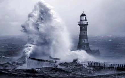 A dramatic sea storm surrounds a sturdy lighthouse, with towering waves crashing against the shoreline. This captivating image serves as a striking HD wallpaper for desktop backgrounds.
