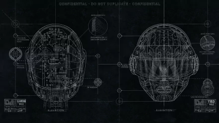 HD Daft Punk desktop wallpaper featuring schematic designs of their iconic helmets on a dark background.