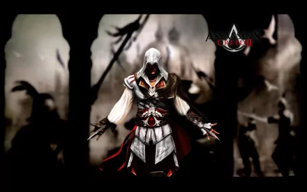 HD PC wallpaper/background for video game Assassin's Creed II: hooded Ezio Auditore in white-and-red armor with hidden blades, framed by shadowy foes and the game logo.