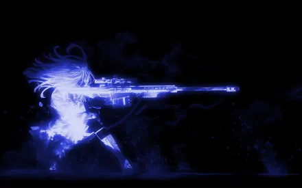 A striking anime image featuring a woman aiming a rifle, shrouded in blue light effects, designed as an HD PC desktop wallpaper and background.