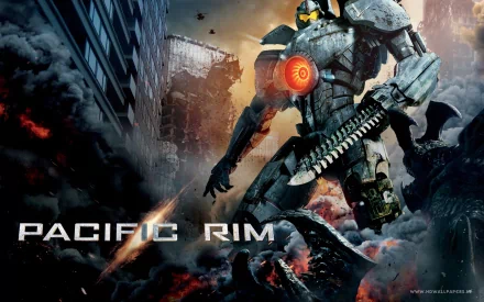 A stunning HD desktop wallpaper from the movie Pacific Rim, featuring a colossal mech battling against monstrous creatures amidst a chaotic urban backdrop.