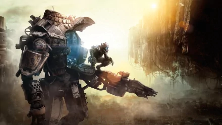 A striking HD wallpaper featuring a character from Titanfall, showcasing an imposing mech alongside a pilot, set against a dramatic landscape with vibrant lighting.
