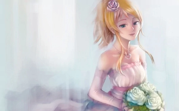 HD desktop wallpaper featuring Kirino Kousaka from Oreimo, depicted with a serene expression, holding a bouquet of roses in a soft, painted style.