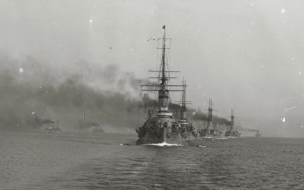 Black and white HD desktop wallpaper showing a historic naval fleet of military warships moving through calm waters.