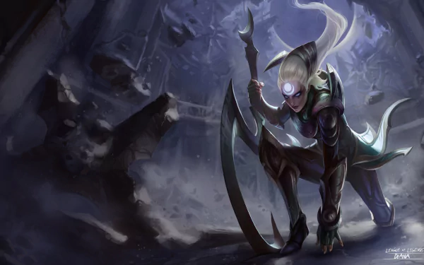 Diana from League of Legends crouches in a dynamic pose, wielding her crescent blade amid a dark, atmospheric background. This HD wallpaper captures her fierce presence in the game.