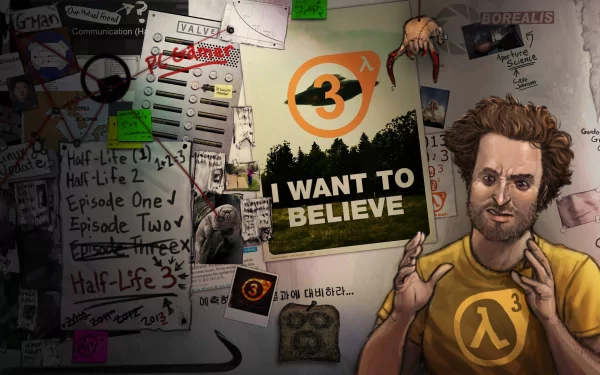 HD wallpaper with a fan surrounded by Half-Life 3 references, including the iconic logo, symbolizing anticipation for the game.