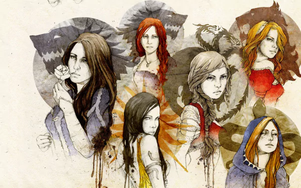 Artistic depiction of key female characters from Game of Thrones, featuring Daenerys Targaryen, Cersei Lannister, Sansa Stark, and Arianne Martell, in a colorful, dynamic collage.