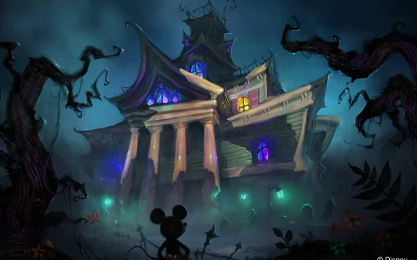 HD PC desktop wallpaper featuring a dark, eerie mansion with glowing windows and shadowy figures, inspired by the video game Epic Mickey.