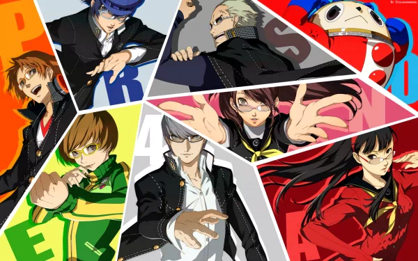 A vibrant HD wallpaper featuring characters from Persona 4: Yukiko Amagi, Chie Satonaka, Yu Narukami, Yosuke Hanamura, Rise Kujikawa, Naoto Shirogane, Kanji Tatsumi, and Teddie.