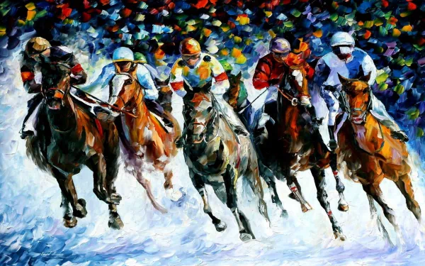 Artistic oil painting of a dynamic horse race captured in vibrant colors, designed as an HD PC desktop wallpaper and background.