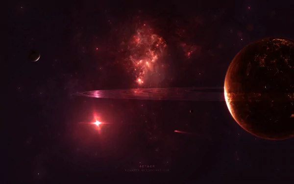 Sci-fi HD PC desktop wallpaper and background: crimson nebula and glowing red star illuminate a ringed planet and distant crescent world against a star-filled void.
