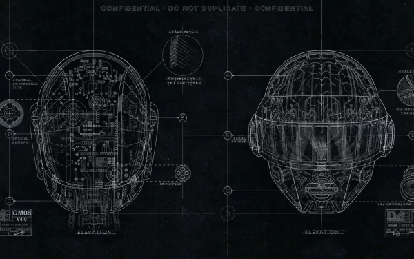 HD Daft Punk desktop wallpaper featuring schematic designs of their iconic helmets on a dark background.