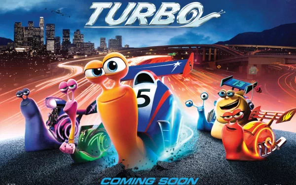 HD desktop wallpaper featuring animated characters from the movie Turbo with a dynamic city backdrop and the text Coming Soon.