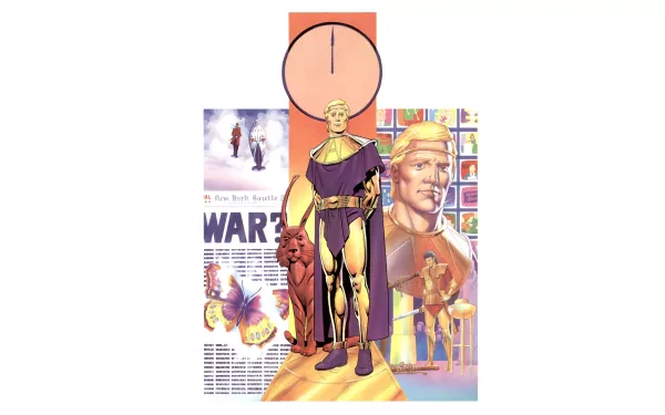 Ozymandias (Watchmen) comic art: regal figure standing before a clock and collage of scenes, rendered as an HD PC desktop wallpaper/background.