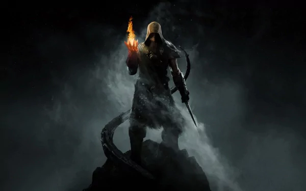 HD desktop wallpaper featuring a mage from The Elder Scrolls V: Skyrim game standing on a rocky outcrop with a flaming staff in hand.