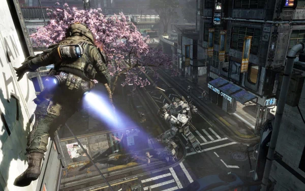 HD PC desktop wallpaper from the video game Titanfall, showcasing a soldier with a jetpack soaring above a detailed urban street scene with cherry blossoms.