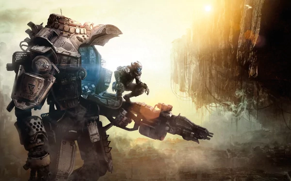 A striking HD wallpaper featuring a character from Titanfall, showcasing an imposing mech alongside a pilot, set against a dramatic landscape with vibrant lighting.