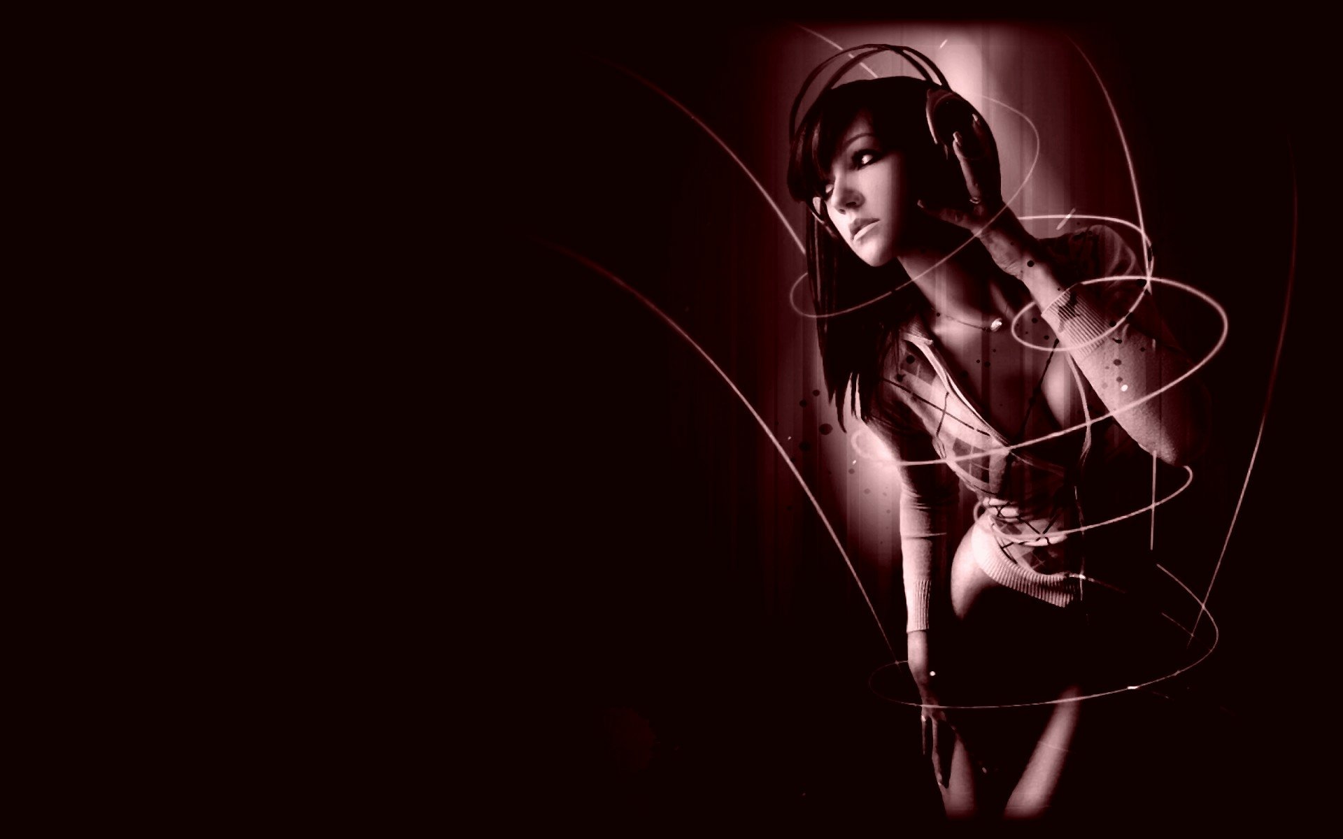 HD PC desktop wallpaper/background: woman wearing headphones with swirling light trails on a dark maroon, music-themed scene.