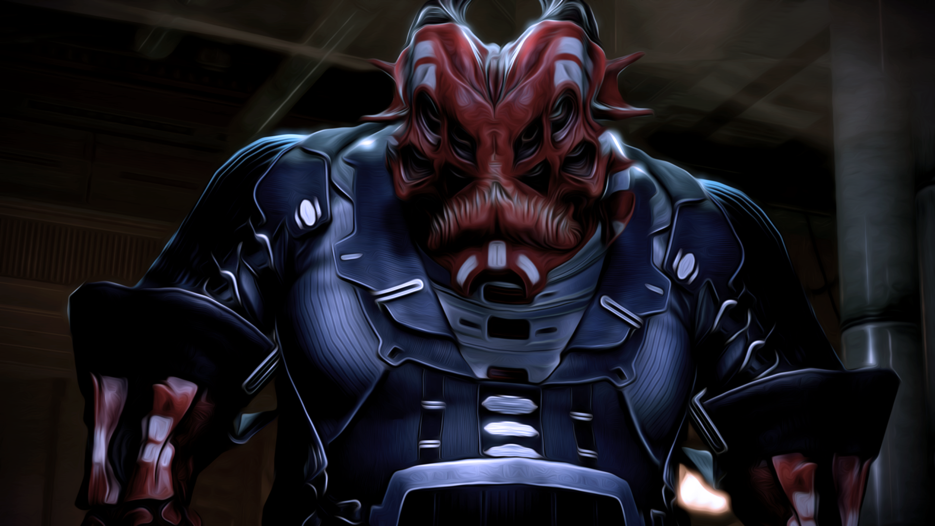 Video game Mass Effect 2 2K Quad HD PC desktop wallpaper/background: close-up of a menacing red-armored alien warrior in dark sci-fi armor with dramatic low-key lighting.