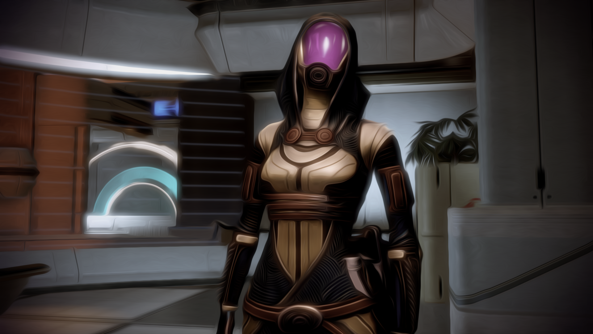 HD PC desktop wallpaper featuring Tali'Zorah from the video game Mass Effect 2, showcasing her in detailed armor inside a futuristic interior.