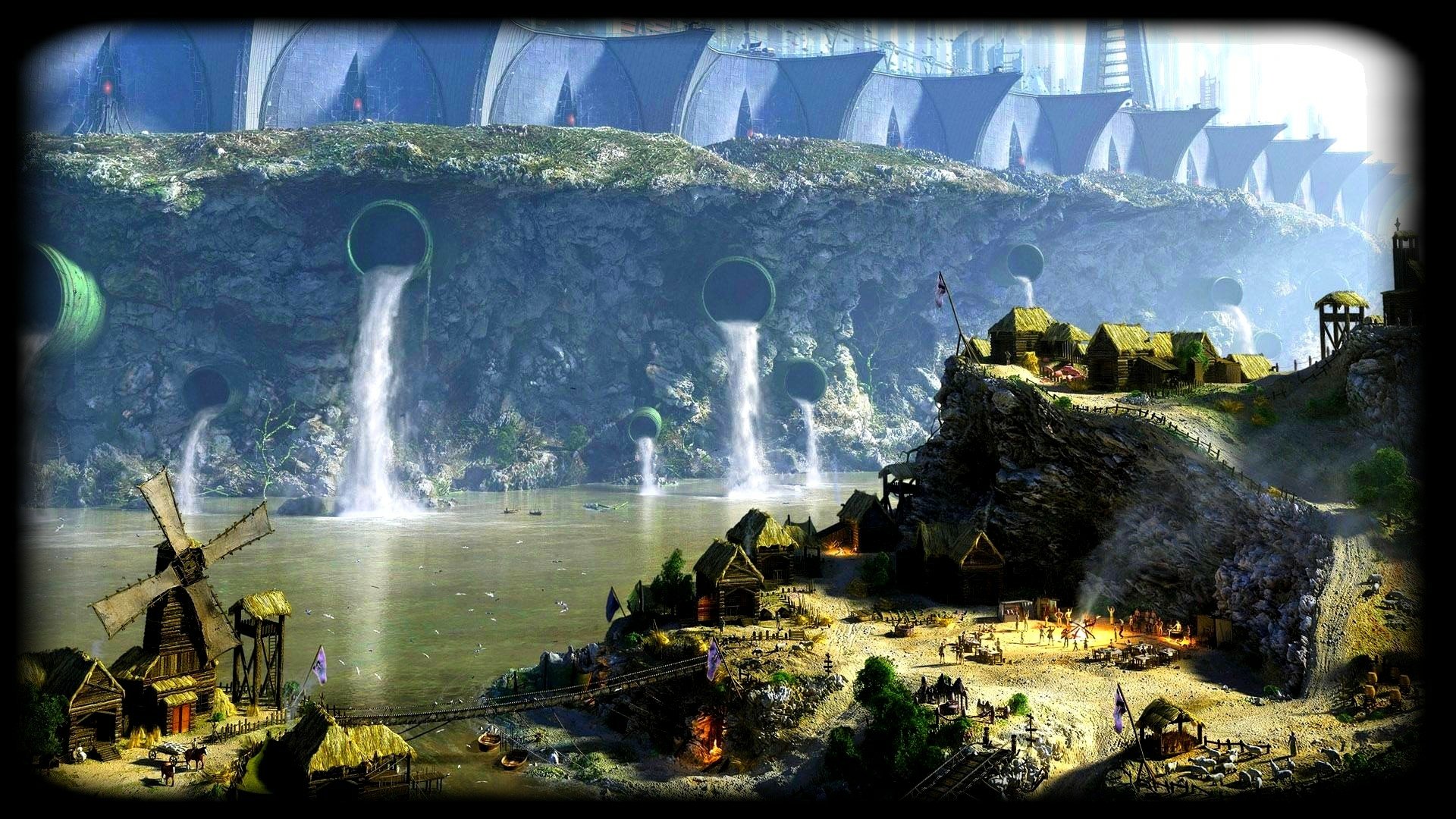 HD fantasy cityscape wallpaper depicting a medieval village by a river with large water tunnels and a mysterious mountainous backdrop.