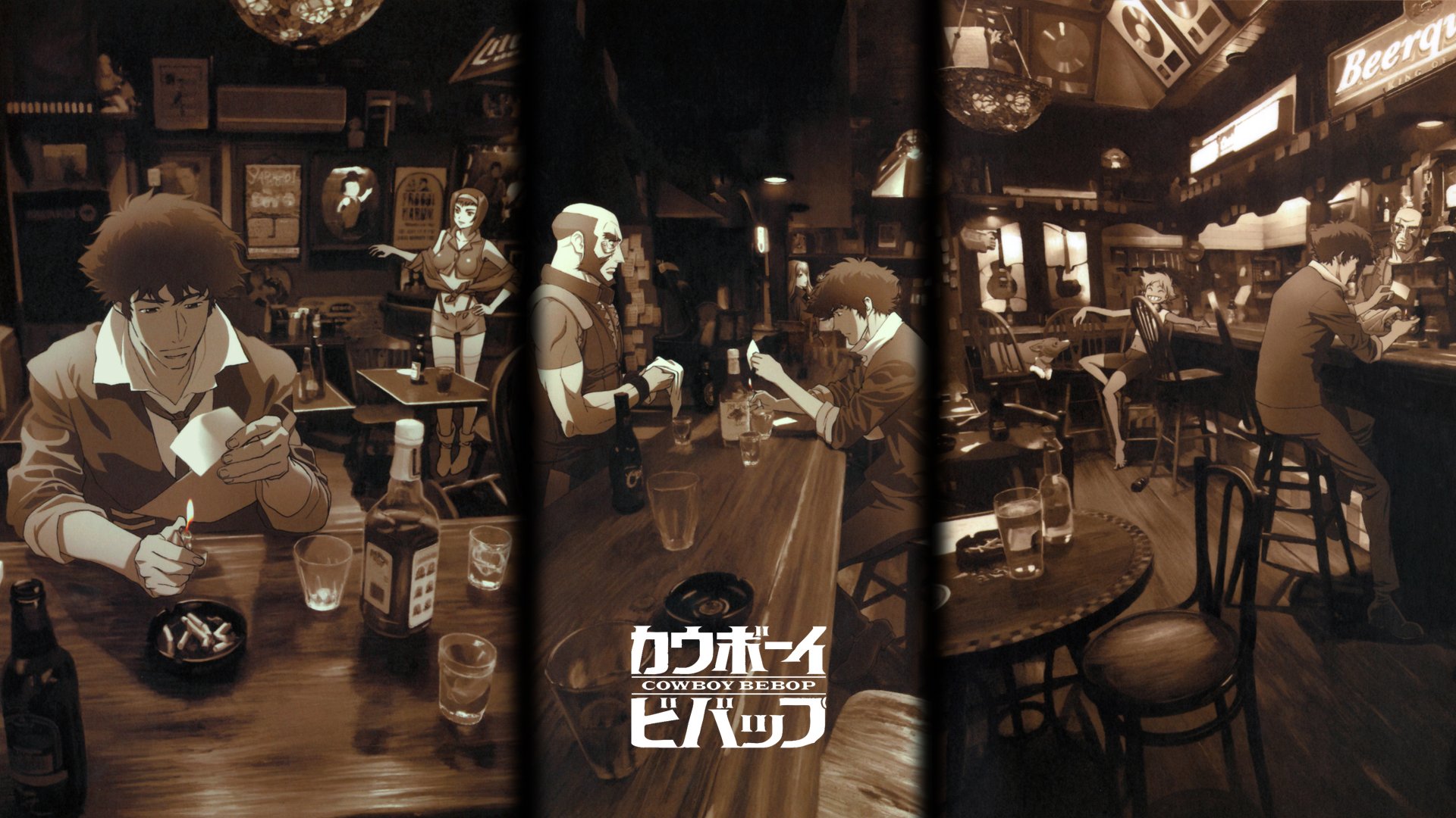 A stylish HD wallpaper featuring Spike Spiegel from the anime Cowboy Bebop, set in a dimly lit bar atmosphere with characters enjoying drinks and food.