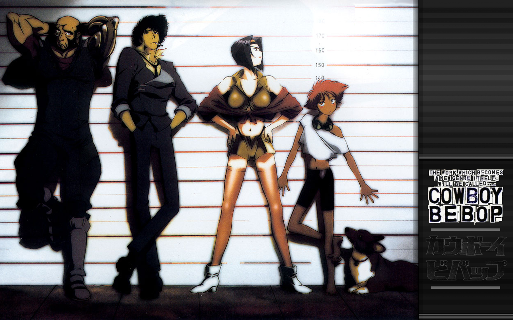 HD PC desktop wallpaper featuring the main cast of the anime Cowboy Bebop standing in a lineup against a height chart background.