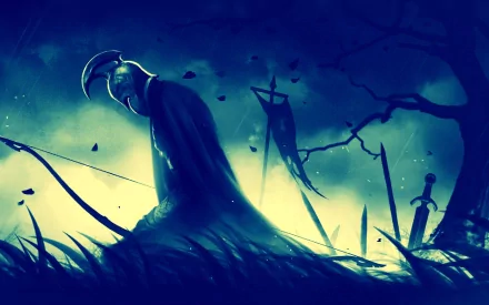 A mysterious warrior stands poised in an eerie landscape, embodying themes of war and deception, inspired by the video game The Hobbit: Armies of the Third Age.